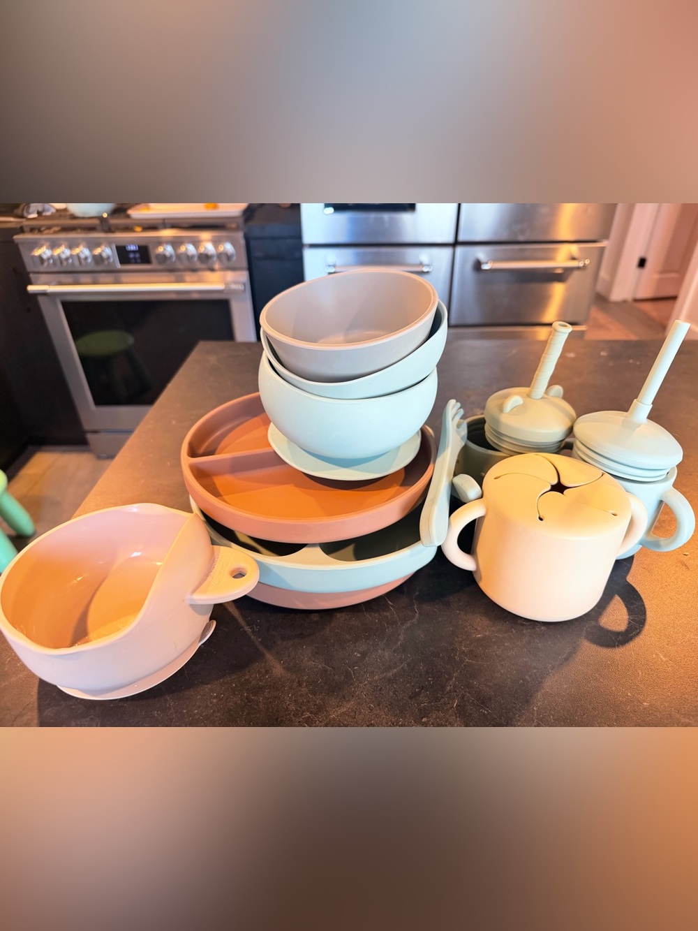 Lot of silicone baby feeding dishes